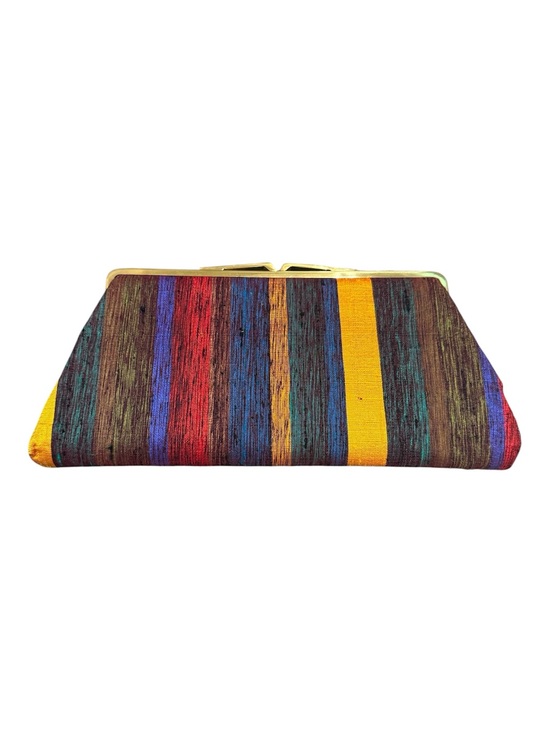 Vintage Handbags - Vintage Neiman Marcus Hand Woven Silk Multicolor Striped Frame Clutch